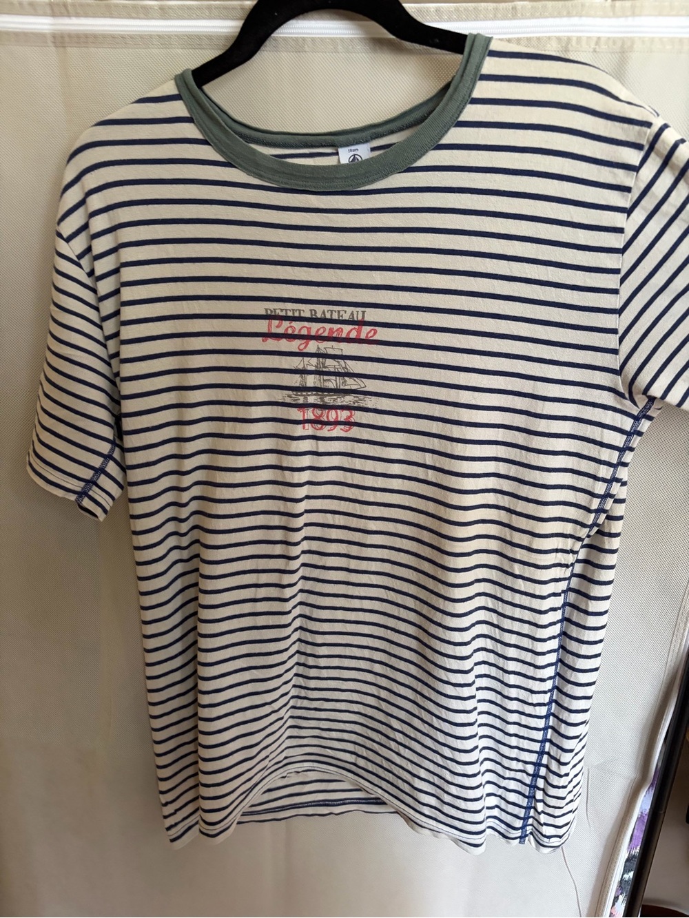 Petit Bateau Legende 1893 Cream Tee with Navy Stripes and Green Trim